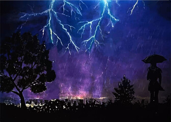 Hand drawn watercolor lightning black night landscape view illustration Premum Vector