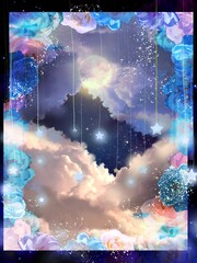 薔薇のフレームと星空夜空とカラフルな雲のファンタジー背景風景イラスト