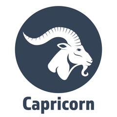 Black zodiac sign Capricorn depicting a goat head with huge horn in a circle. Side view. Illustration of an astrology sign. Vector flat design icon of a Mountain goat