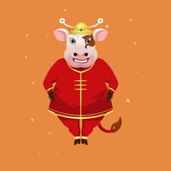 cartoon cow mascot wearing traditional Chinese clothing (chinese new year 2021)
