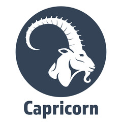 Black zodiac sign Capricorn depicting a goat head with huge horn in a circle. Side view. Illustration of an astrology sign. Vector flat design icon of a Mountain goat