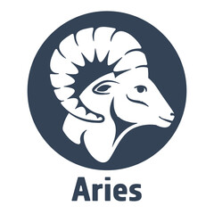 A ram head profile with a large horn. Side view. Zodiac astrological symbol of the sheep. Aries illustration vector flat design. Silhuette of a goat's head as a mascot of fortune and sport
