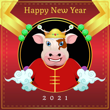 Chinese New Year's Day greeting card with cartoon cows wearing traditional Chinese clothes template