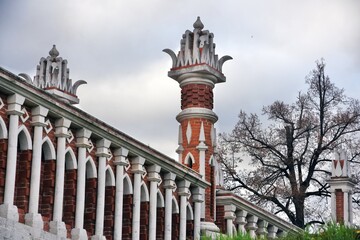 View of the Figured bridge over the pond in Tsaritsyno park in Moscow. Popular landmark.