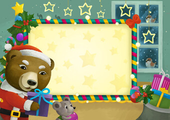 cartoon scene with christmas room and frame illustration