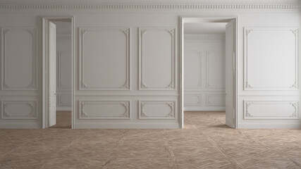 Empty room interior design, classic open space with white walls and parquet wooden floor, walls...