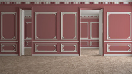 Empty room interior design, classic open space with red and white walls, parquet wooden floor, walls with trim molding, victorian luxury architecture, no people, mock-up, copy space