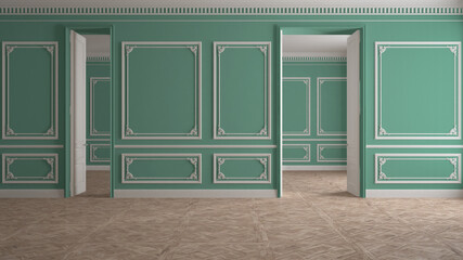 Empty room interior design, classic open space with turquoise and white walls, parquet floor, walls with trim molding, victorian luxury architecture, no people, mock-up, copy space - obrazy, fototapety, plakaty