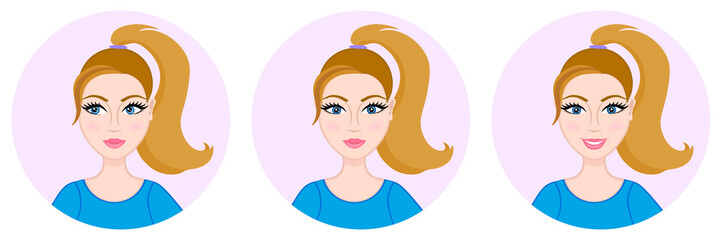 Avatar of a young girl. Woman looking sideways, smiling. Look away. Round icon. Cute face. Caucasian woman. Blue t-shirt. Ponytail hairstyle. Portrait of a teen