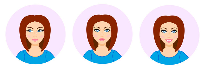 Avatar of a young girl. Woman looking sideways, smiling. Look away. Round icon. Cute face. Short haircut. Caucasian woman. Blue t-shirt. Portrait of a teen