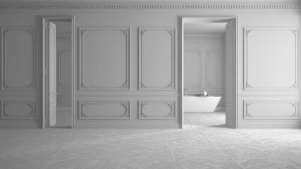 Total white project, empty room interior design, classic open space, parquet floor, walls with trim molding, bathroom with bathtub background, no people, mock-up with copy space