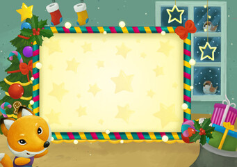 cartoon scene with christmas room and frame illustration