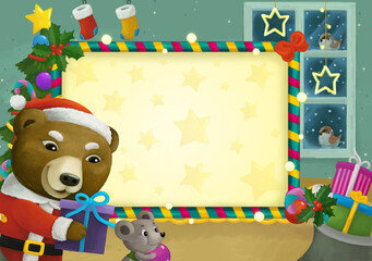 cartoon scene with christmas room and frame illustration