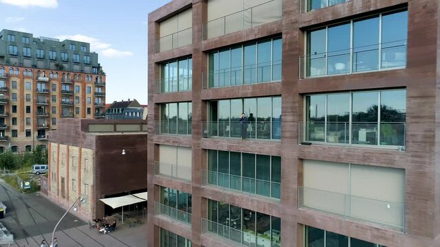 zoom out from c-hub balcony onto jungbusch panorama