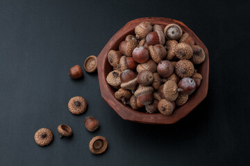 Oak tree acorns in a bowl on black background with copy space