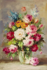 Fototapeta na wymiar Still life vase of flowers. Oil painting picture