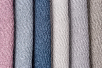 Opaque soft tones of rose, marine blue and light shades of blueish gray interior decoration sample...