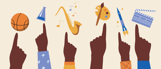 African hands isolated as concept of black history month, afro people achievements, flat vector stock illustration with basketball, saxophone, science