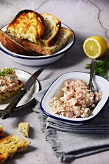 Salmon pate spread with sourdough bread toasts 
