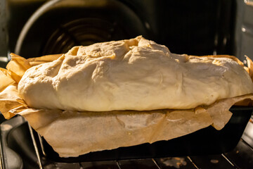 Homemade bread baking in an oven