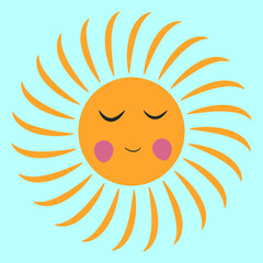 Simple yellow sun. Vector cartoon sun with closed eyes.