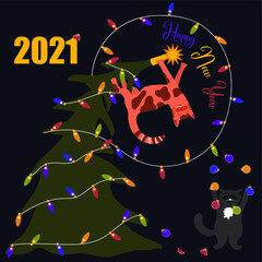 The illustration shows a red cat climbing on a Christmas tree and a black cat juggling Christmas balls.