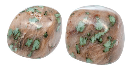 set of tumbled Nunderite (Nundoorite, Nundorite) gemstones isolated on white background