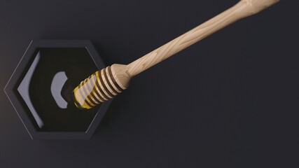 Wooden honey stick dripping with honey in black hexagonal cup, 3d illustration
