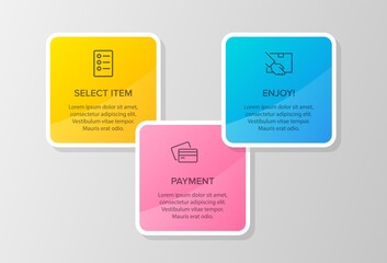 Concept of shopping process with 3 successive steps. Three colorful graphic elements. Timeline design for brochure, presentation, web site. Infographic design layout.