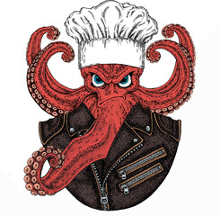 Octopus vector portrait. Chef cook hat. Restaurant logo. Sea marine creature, beast.