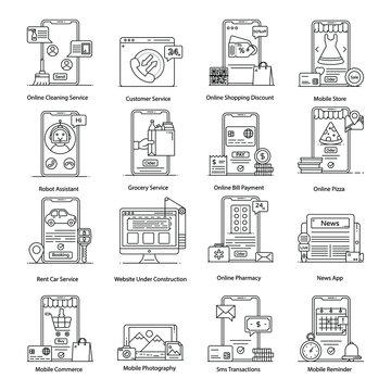 
Pack of Online Customer Services and Support Flat Outline Icons 
