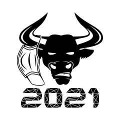 Bull icon with protective medical mask on horn isolated on white background.