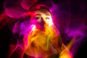 lightpainting portrait, new art direction, long exposure photo without photoshop, light drawing at long exposure