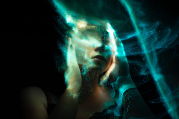 lightpainting portrait, new art direction, long exposure photo without photoshop, light drawing at long exposure