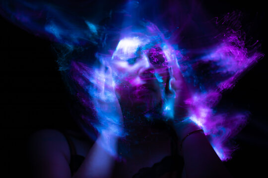 lightpainting portrait, new art direction, long exposure photo without photoshop, light drawing at long exposure