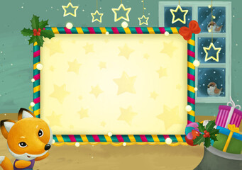 cartoon scene with christmas room and frame illustration