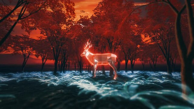 Low poly glass deer stag in surreal forest