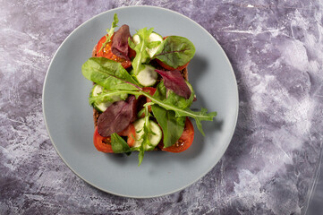 Sandwich with vegetables. Various vegetables on a sandwich in a plate.