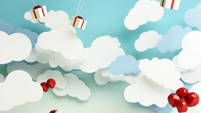 White gift boxes tied with red balloons Fell from the sky Through the moving clouds on blue background In the new year festival  3d rendering animation