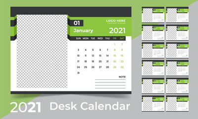 Fototapeta premium Desk calendar template 2021, Week starts on Sunday, Set of 12 calendar pages vector design print template.