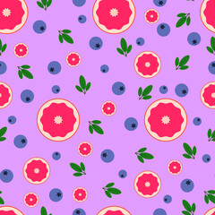 seamless pattern with blueberries and grapefruit  on a colored background. used in web design, branding, product design, and interior