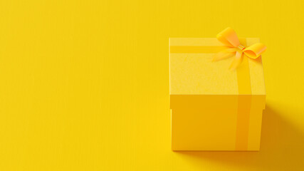 Yellow wrapping paper gift box on fabric texture yellow background. Copy space for text or logo. Minimal idea concept, 3D Render.