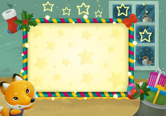 cartoon scene with christmas room and frame illustration