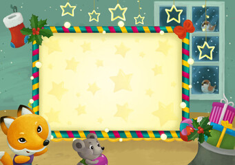 cartoon scene with christmas room and frame illustration