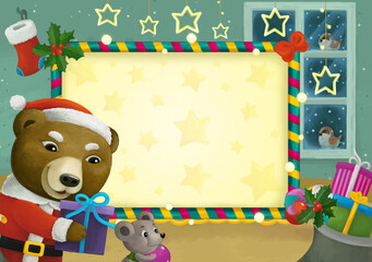 cartoon scene with christmas room and frame illustration