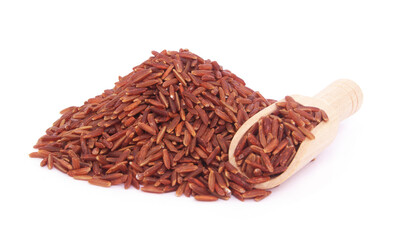 Heap of red rice with wooden scoop isolated on white background