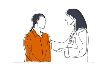 Continuous line drawing of doctor talk and consulting patient. Vector illustration