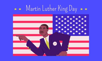 Horizontal banner template illustrating MLK day federal holiday in the US devoted to afro-american spokesperson for nonviolent activism in the Civil Rights Movement on the background of the USA flag. 