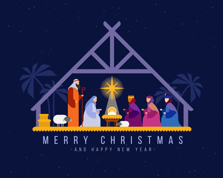 Merry christmas - Nightly christmas scenery mary joseph in a manger with baby Jesus and Three wise men vector design