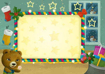 cartoon scene with christmas room and frame illustration